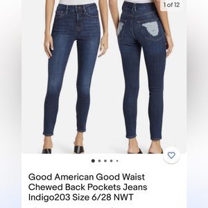 Good American Good Waist Chewed Back Pockets Jeans Indigo203 Size 6/28 NWT.